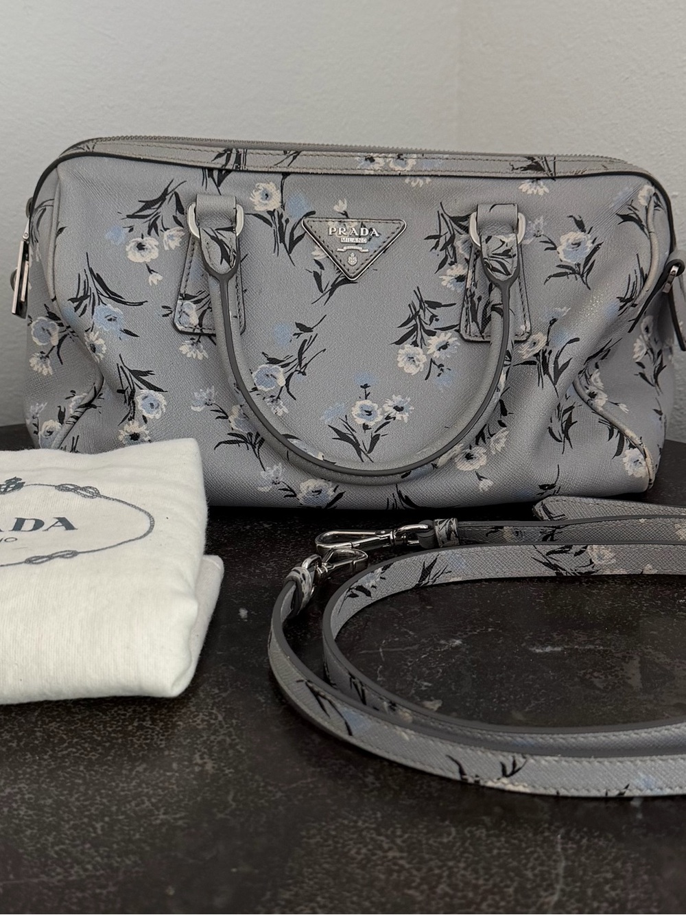 Prada Gray Floral Saffiano Leather Satchel with Strap - Pre-Loved